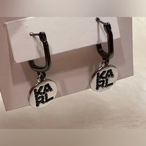 New! KARL LAGERFELD PARIS Disc/Coin Charm Hoop Drop Earrings Logo Black Sapphire